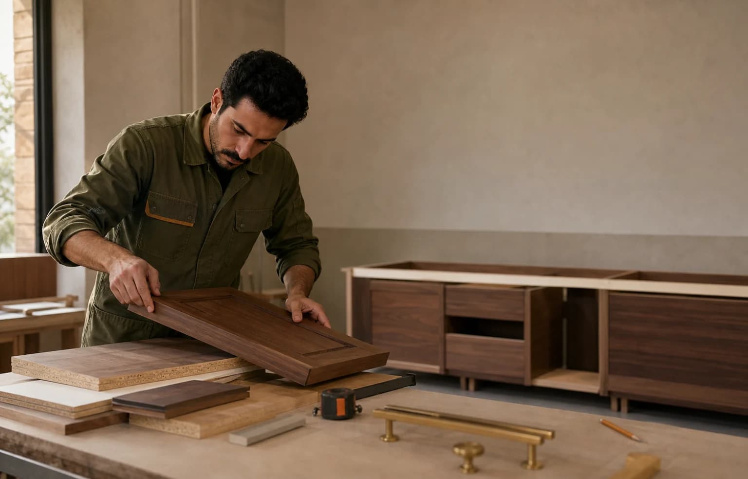تصویر مفهومی از بررسی دقیق درِ کابینت در کارگاه